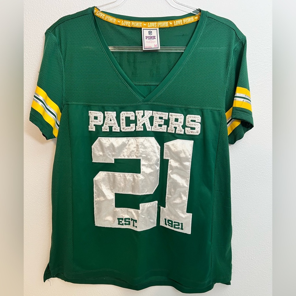 PINK Victoria's Secret Y2K Packers Rhinestone Short Sleeve Green Jersey Size Mโ
